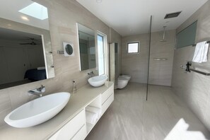 Hair dryer, bidet, towels, soap