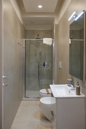 Douche, séchoir à cheveux, bidet, serviettes fournies