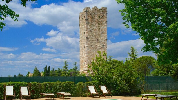 Una piscina con sillones de descanso, una alta torre de piedra y abundante vegetación.