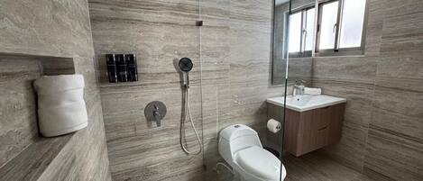 Regadera, secadora de cabello, toallas, jabón