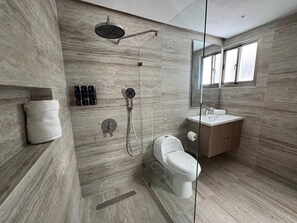 Shower, hair dryer, towels, soap
