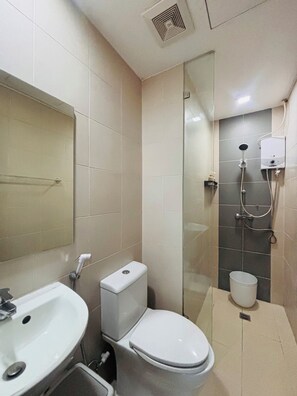 Chuveiro, secador de cabelo, toalhas de banho 