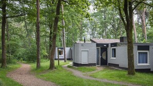 Eine Hütte im Wald, von ihr führt ein Schotterweg.