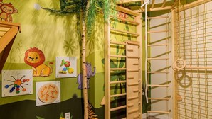 A children's play area with a climbing structure, a slide, and educational wall decorations. - Jungle-themed family escape (Bruinisse)