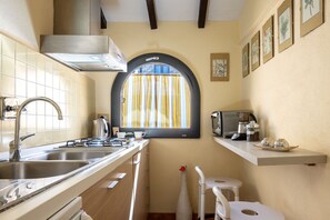 Fridge, oven, stovetop, coffee/tea maker