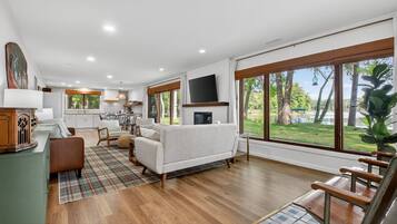 Smart TV, fireplace, books