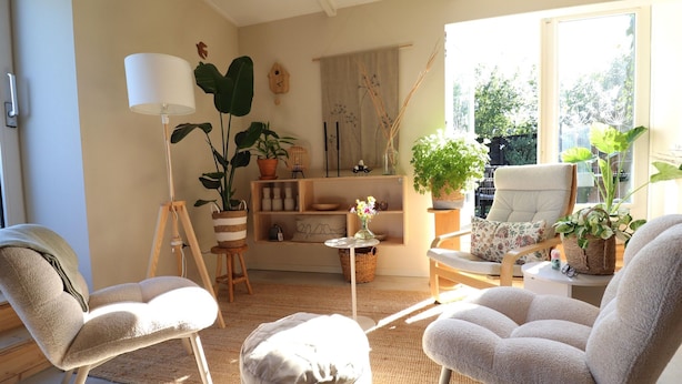 A cozy living room with a sofa, armchair, ottoman, and a small table with a lamp and plants. - Beautifully styled apartment (Betgummole)