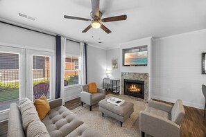 TV, fireplace, books
