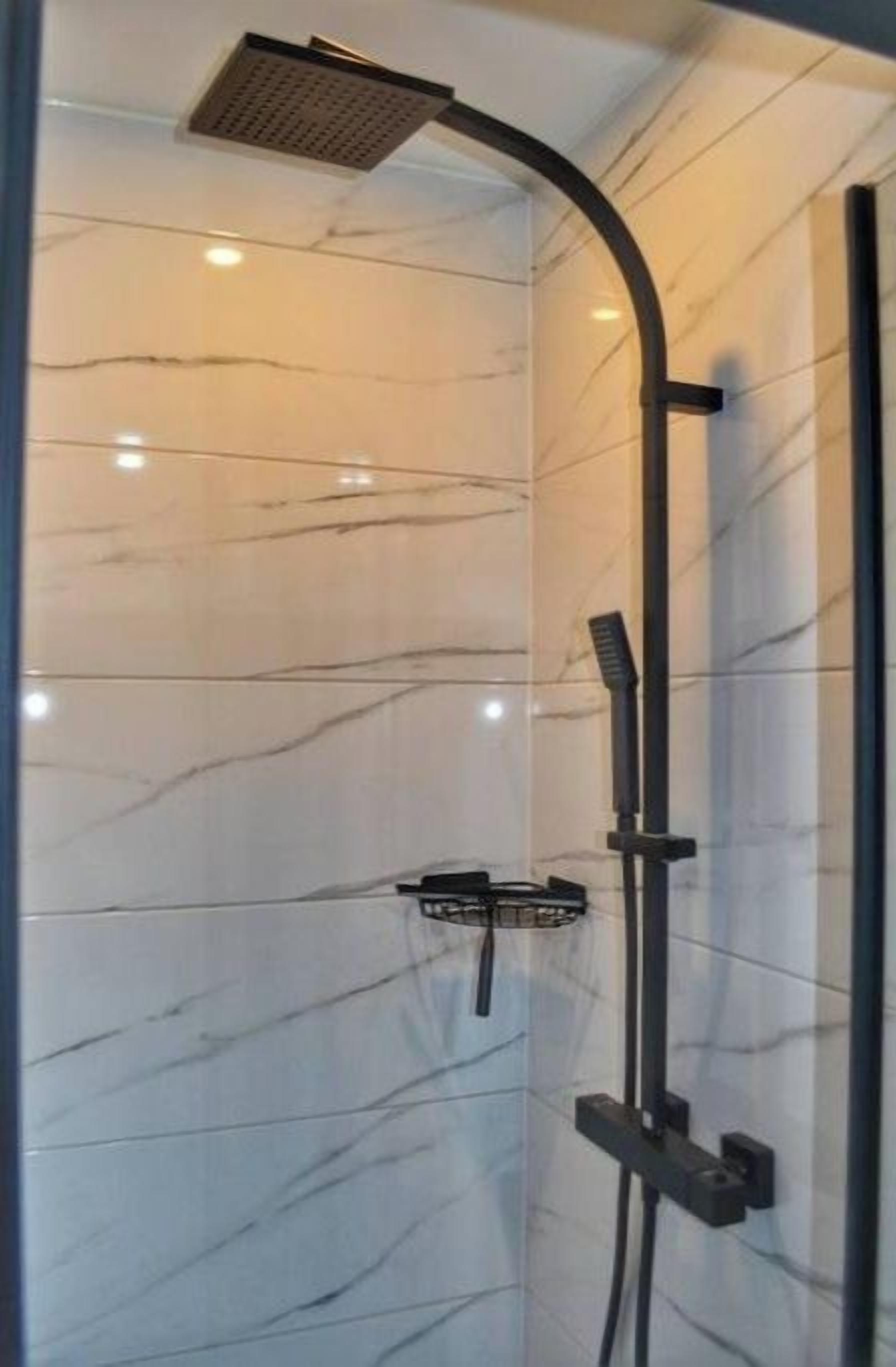 A modern shower with a curved design, a handheld showerhead, and a wall-mounted control panel.