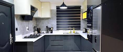 Family Apartment, Balcony, City View | Private kitchen | Fridge, microwave, oven, stovetop