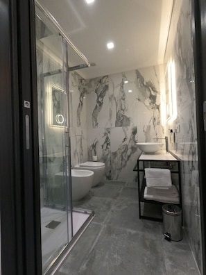 Chuveiro, secador de cabelo, toalhas de banho, sabonete