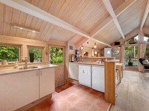 Fridge, microwave, cookware/dishes/utensils