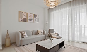 Standard Apartment, City View | Living area - WYZ RENT|Serene 1 BR in Surf 2-Creek Beach Access (Dubai)