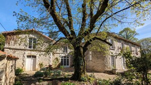 A stone building with a large tree in the courtyard. - Large house with private pool, wifi, pets allowed for 15 guests. (Pranzac)
