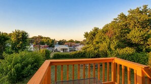 A wooden deck with a metal railing, overlooking a residential area with houses and trees.