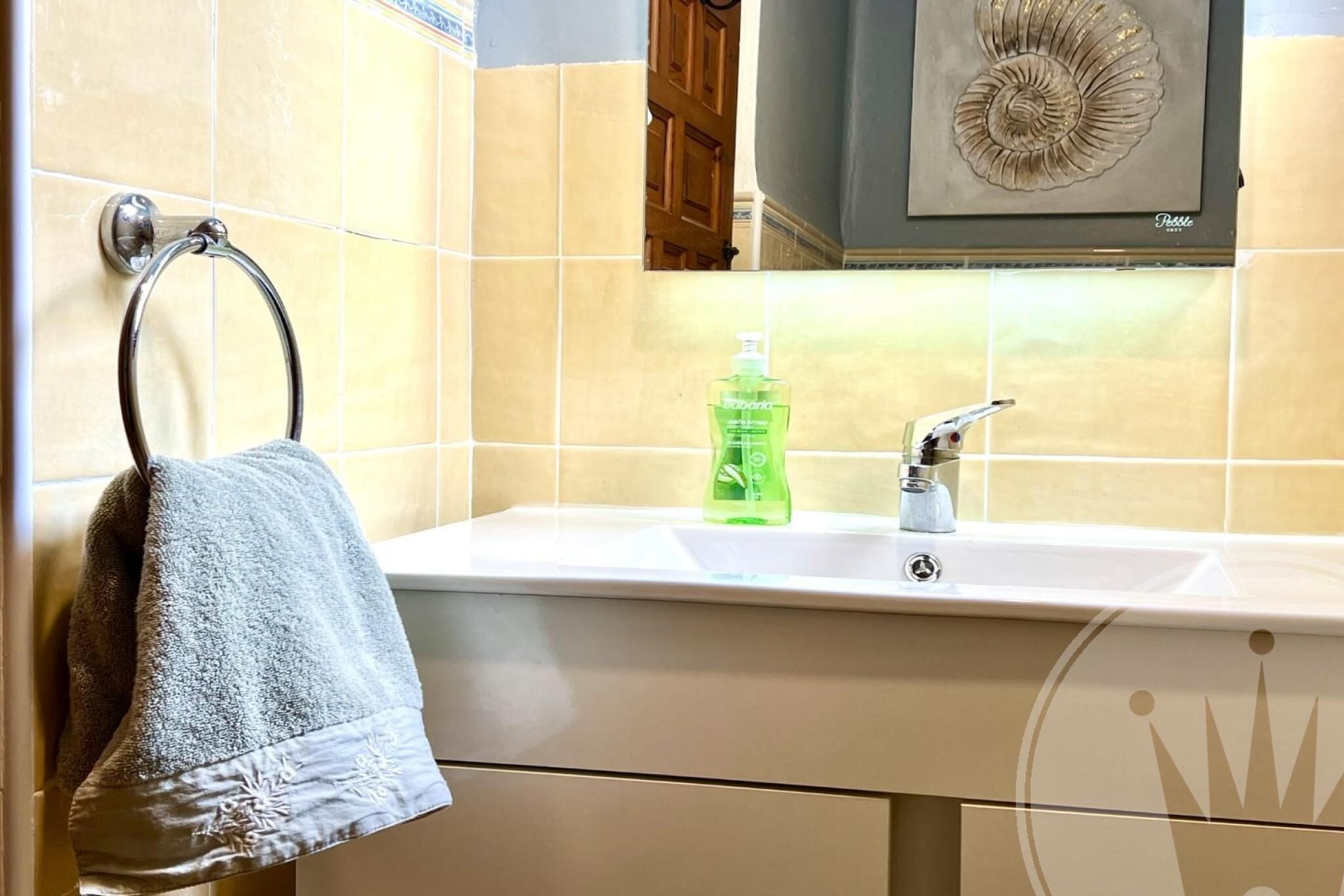 Un baño con un lavamanos blanco, un perchero con una toalla, un dispensador de jabón verde y una concha decorativa en la pared.