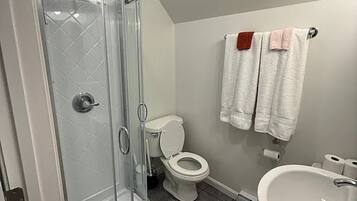 Shower, hair dryer, towels, soap