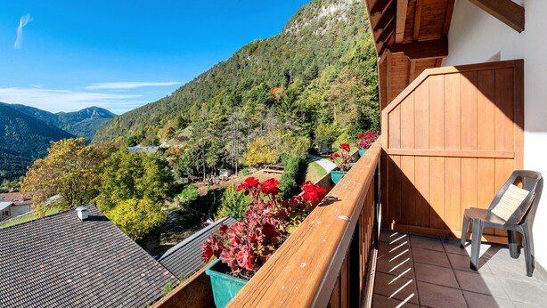 Un balcon donnant sur un paysage montagneux, une chaise en bois et un pot de fleurs avec des fleurs rouges.