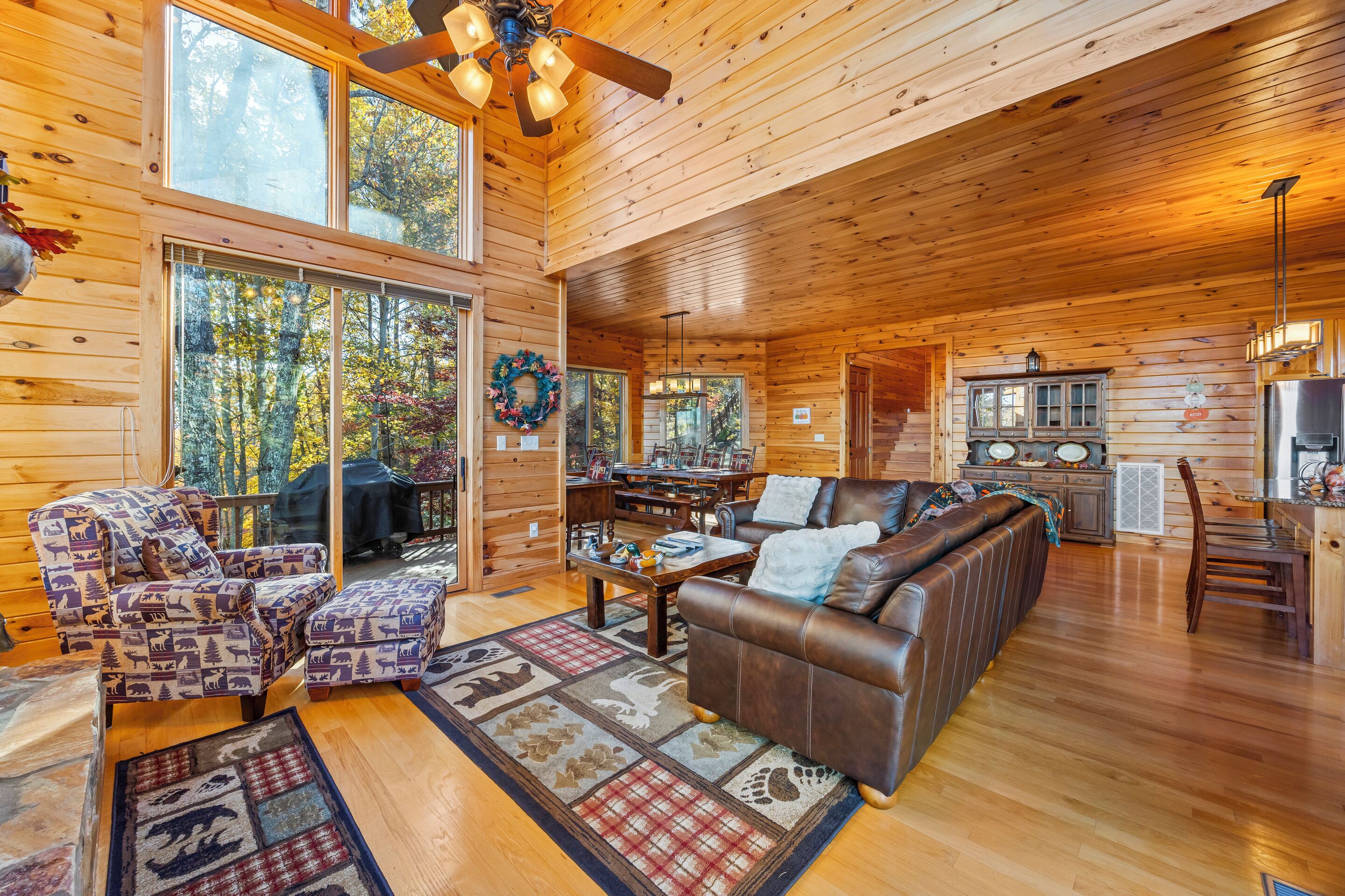 Smart TV, fireplace, books, stereo