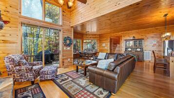 Smart TV, fireplace, books, stereo