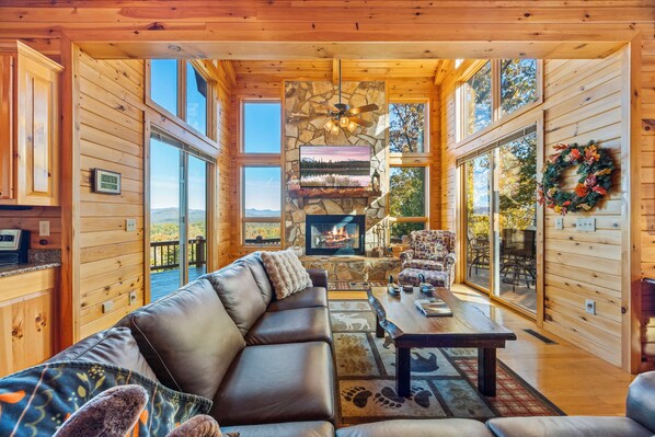 Smart-TV, peis, bøker og stereoanlegg