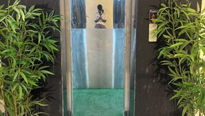 An elevator with a green carpet, emergency alarm, fire switch, and a person inside. - Hotel AYODHYA HERITAGE (Ayodhya)