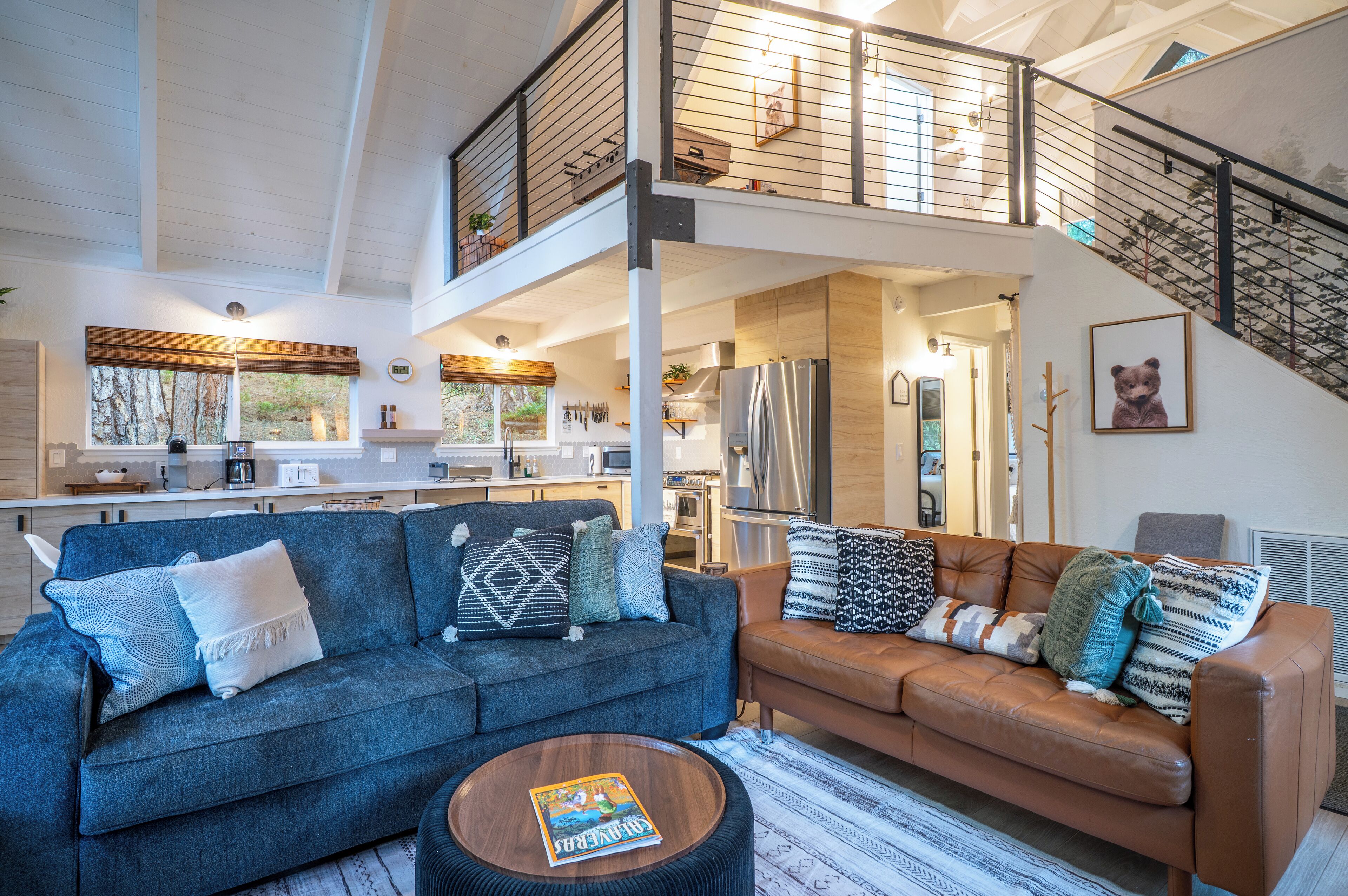 Smart TV, fireplace, foosball, books