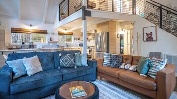 Smart TV, fireplace, foosball, books