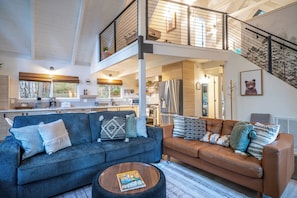 Smart TV, fireplace, table football, books