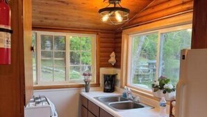 Una cocina compacta con paredes de madera, una estufa a gas, dos lavabos y un refrigerador.