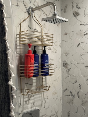 Hair dryer, towels, soap, toilet paper