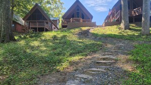A pathway leading to wooden cabins with balconies, surrounded by trees and greenery.