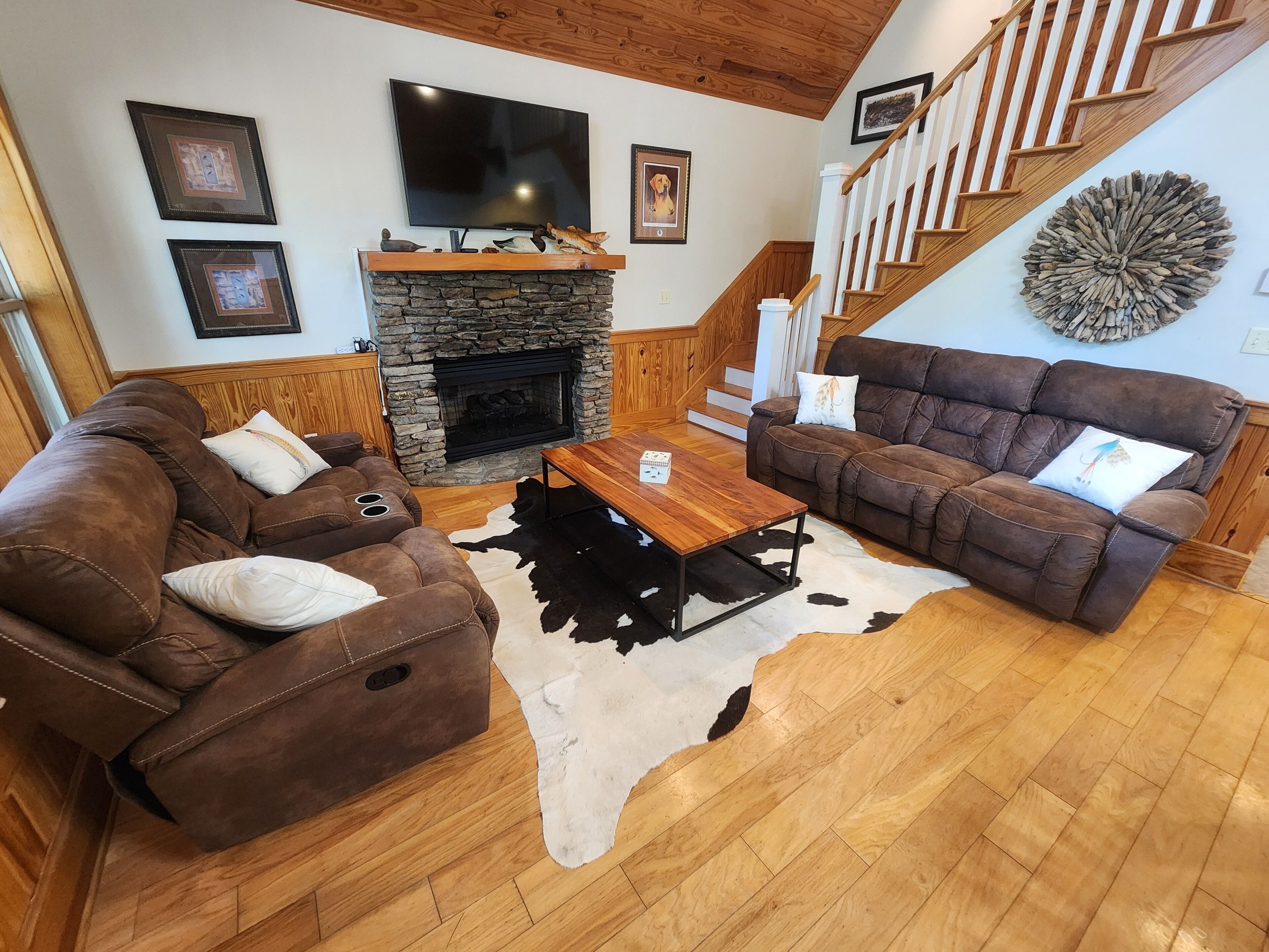 Smart TV, fireplace, books