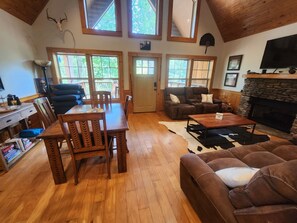 Smart TV, fireplace, books