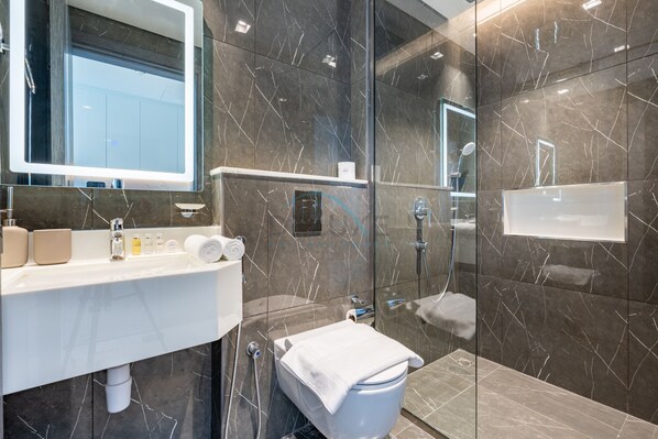 Regadera, secadora de cabello, bidet, toallas 