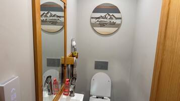 Hair dryer, soap, toilet paper