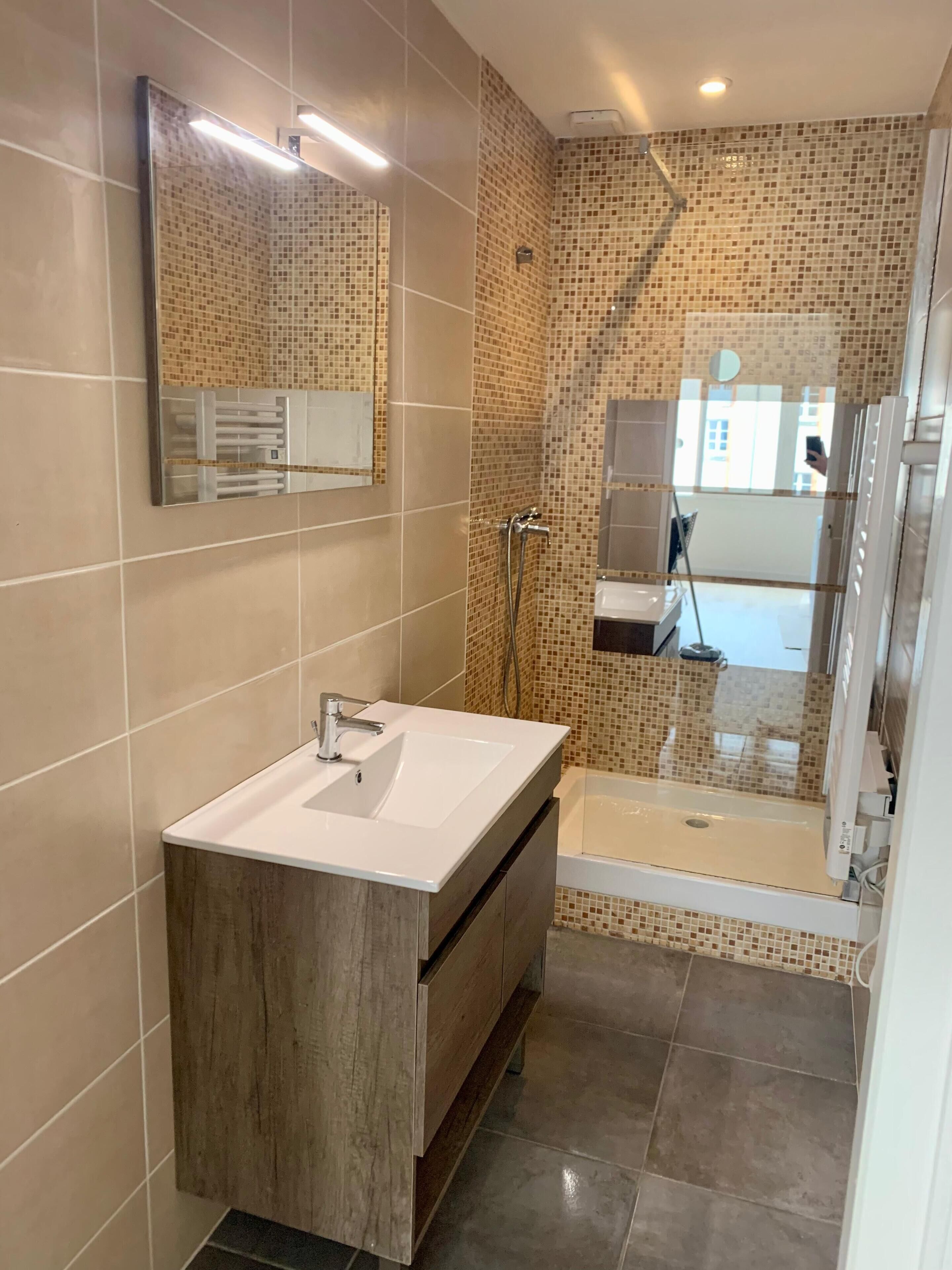 Shower, hair dryer, towels, toilet paper