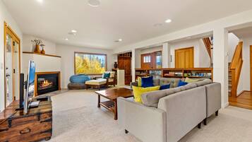 Smart TV, fireplace, books, offices