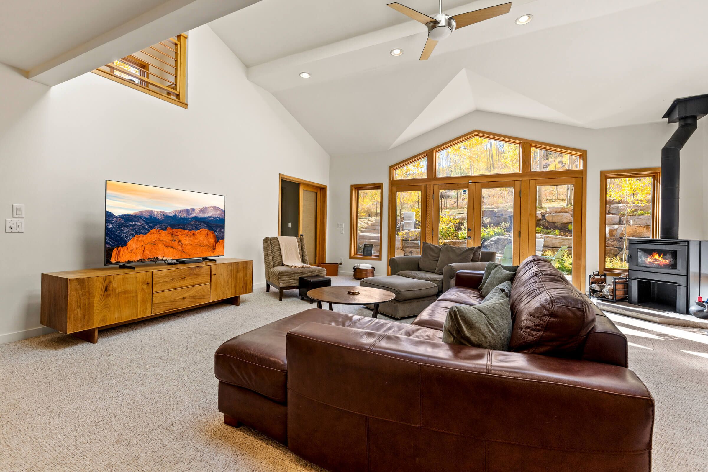 Smart TV, fireplace, books, offices