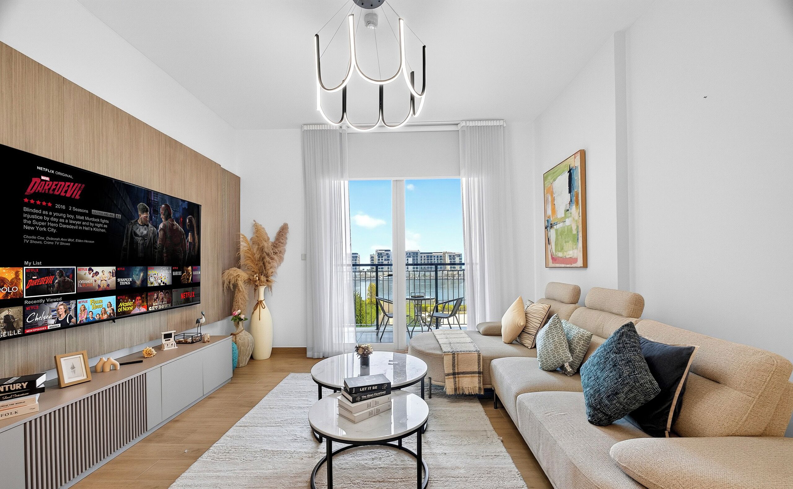Standard Apartment, Sea View | Living room | 65-inch Smart TV with digital channels, Netflix, streaming services