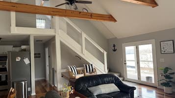 Smart TV, fireplace, DVD player, books