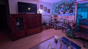 A living room with a television, wooden cabinet, and a stone wall with plants. - Cozy Private Room, Very close to Hospital, College & University, Free Parking. (Peterborough)