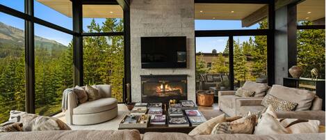 Smart TV, fireplace, video games, DVD player