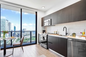 Fridge, microwave, oven, stovetop
