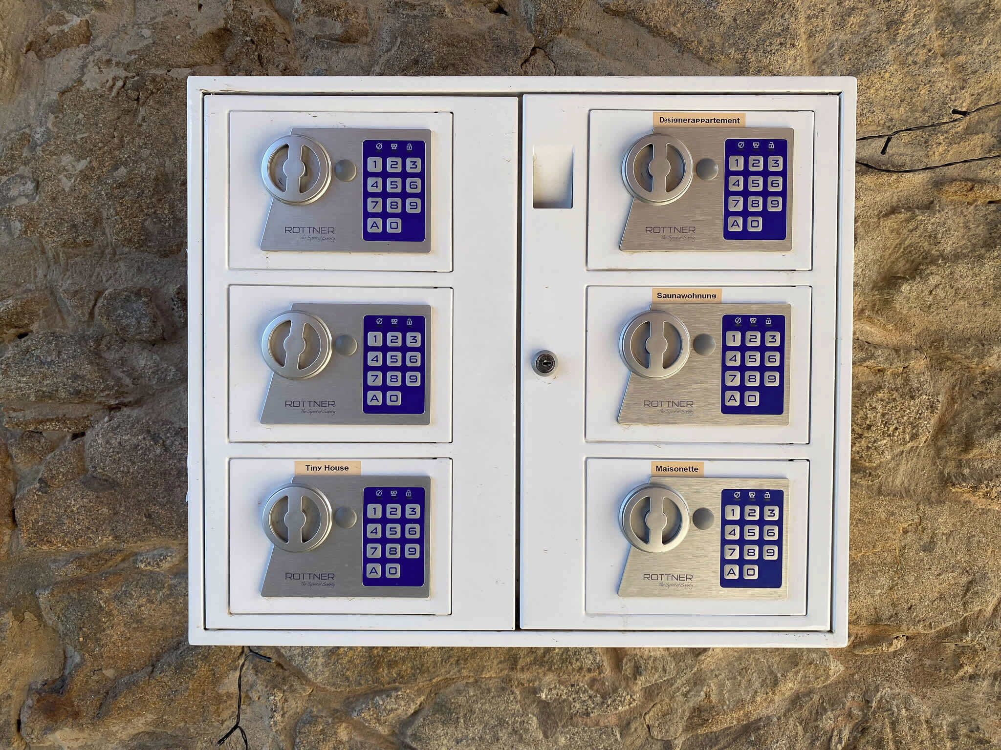 Panel de control montado en la pared con seis botones numerados, cada uno etiquetado con nombres de habitaciones diferentes.