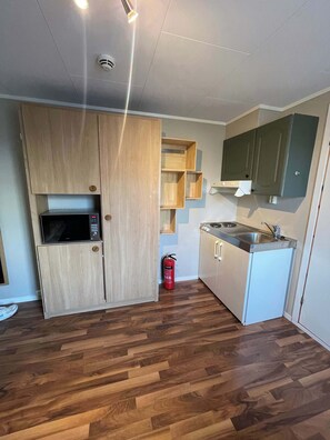 Kühlschrank, Mikrowelle, Herdplatte, Kochgeschirr/Geschirr/Besteck