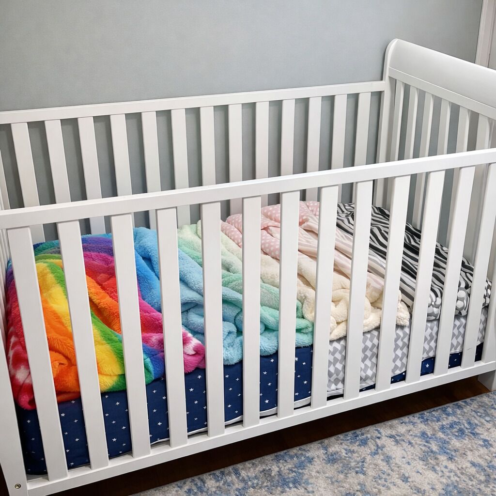 Berço branco com colchão azul escuro e várias mantas coloridas.