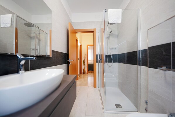 Shower, hair dryer, bidet, towels