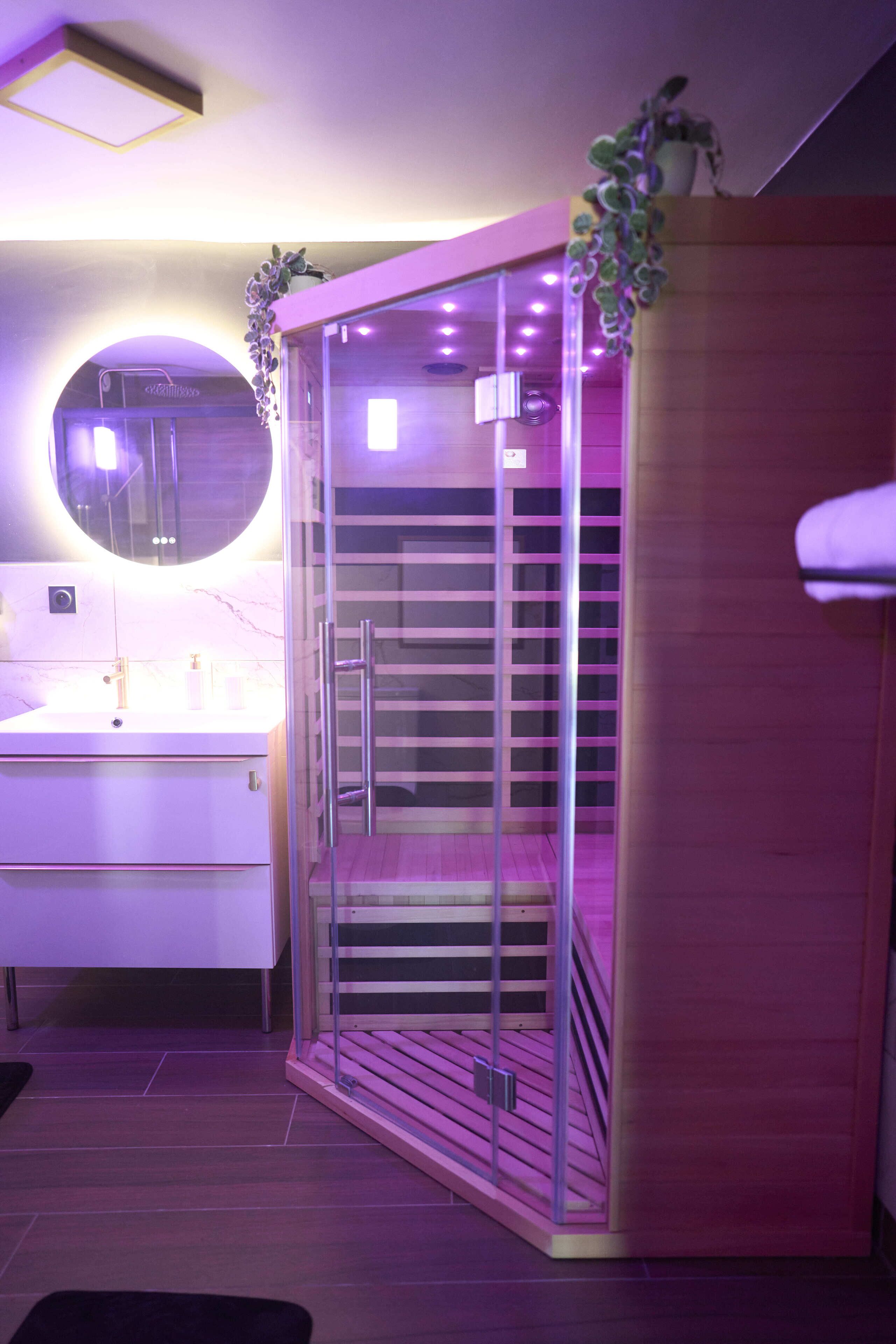 A modern bathroom with a glass-enclosed shower, a vanity with a marble countertop, and a potted plant on the counter.