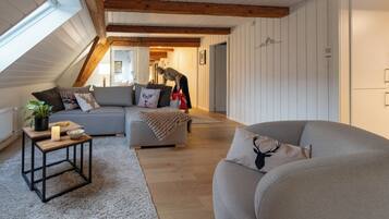 Una Smart TV, una chimenea, libros, una biblioteca de música